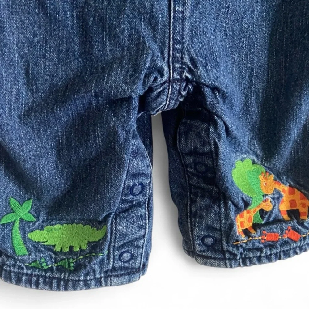 Vintage 80-90s Osh Kosh‎ Blue Animal Embroidered Patch Baby Denim Overalls 3-6M